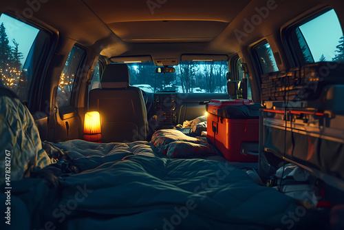 Cozy Car Camping: A warm and inviting interior of a car, set up for comfortable camping. A warm glow of a lamp and soft bedding invite the viewer to a relaxing camping experience.