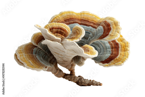 PNG Close-up of vibrant multicolored turkey tail mushroom on black background