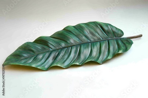 Green leaf with detailed veins and organic shape on white surface, close-up view