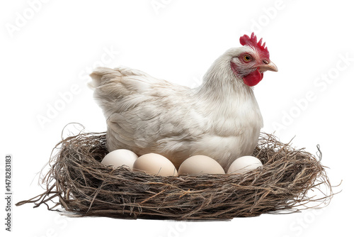 PNG White chicken on nest with eggs in straw nest