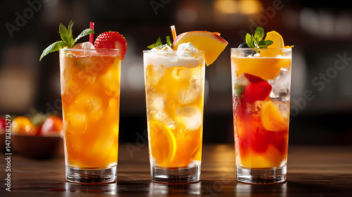 Wallpaper Mural Refreshing Summer Drinks: A tantalizing trio of beautifully presented cocktails, each garnished with fresh fruit and mint leaves, beckoning with a promise of revitalizing refreshment. Torontodigital.ca