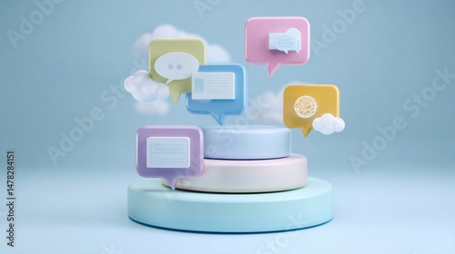 floating prompts for task exchanges appear as they communicate through animated symbols and visual feedback.