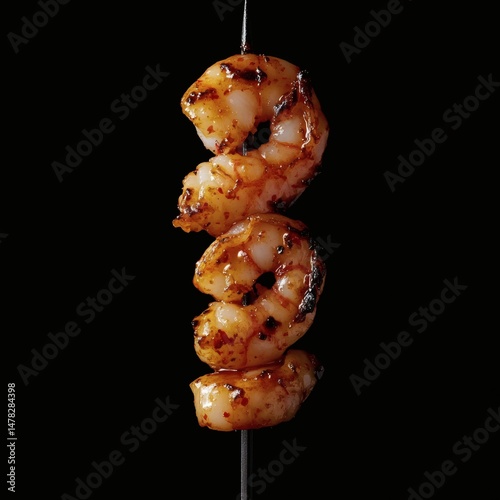 Three grilled shrimp skewered on a metal stick, a delicious culinary creation perfect for seafood lovers. The shrimp are golden brown, tempting the viewer with their flavor