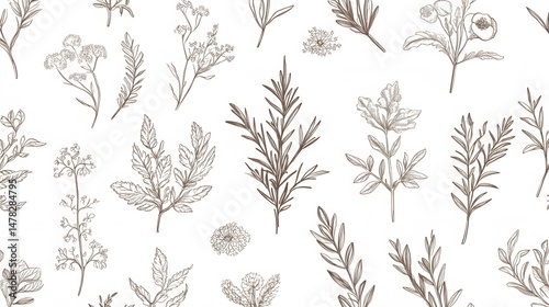 Detailed botanical illustration pattern of various herbs and flowers.