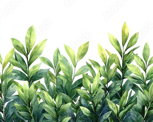 Green leaves with watercolor effects arranged horizontally on a white background