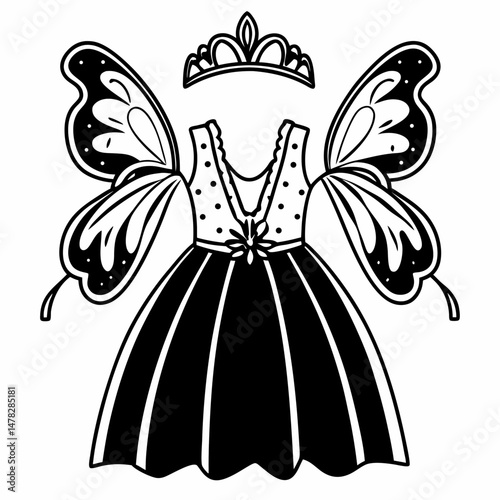 Simple Line Art Vector of a Fairy Princess Costume with Wings and a Tiara, Customizable Design for Children's Coloring Books and Party Invitations.