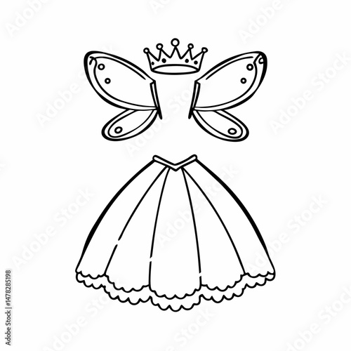 Simple Line Art Vector of a Fairy Princess Costume with Wings and a Tiara, Customizable Design for Children's Coloring Books and Party Invitations.