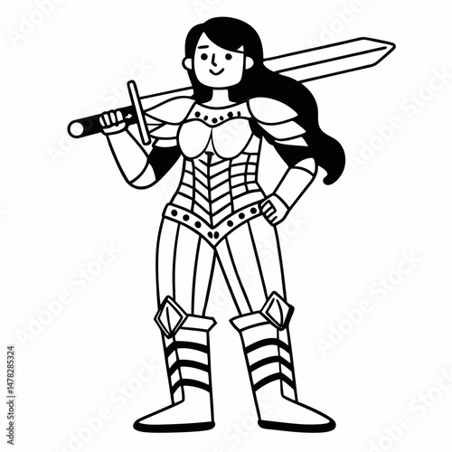 Line Art Vector Illustration of a Female Warrior Cosplayer in Fantasy Armor, Ready for Comic Con, Black and White Outline for Coloring Pages.