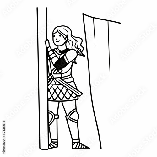 Line Art Vector Illustration of a Female Warrior Cosplayer in Fantasy Armor, Ready for Comic Con, Black and White Outline for Coloring Pages.