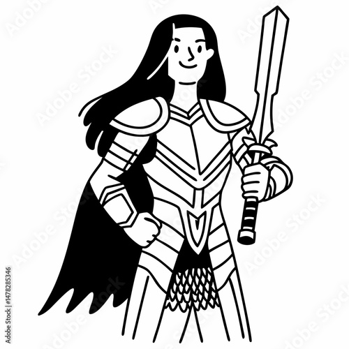 Line Art Vector Illustration of a Female Warrior Cosplayer in Fantasy Armor, Ready for Comic Con, Black and White Outline for Coloring Pages.