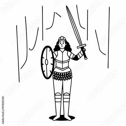 Line Art Vector Illustration of a Female Warrior Cosplayer in Fantasy Armor, Ready for Comic Con, Black and White Outline for Coloring Pages.