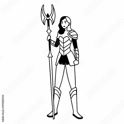 Line Art Vector Illustration of a Female Warrior Cosplayer in Fantasy Armor, Ready for Comic Con, Black and White Outline for Coloring Pages.