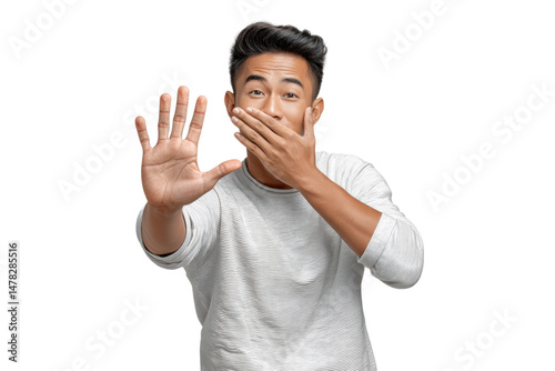 PNG Surprised young asian male gesturing stop with hand over mouth