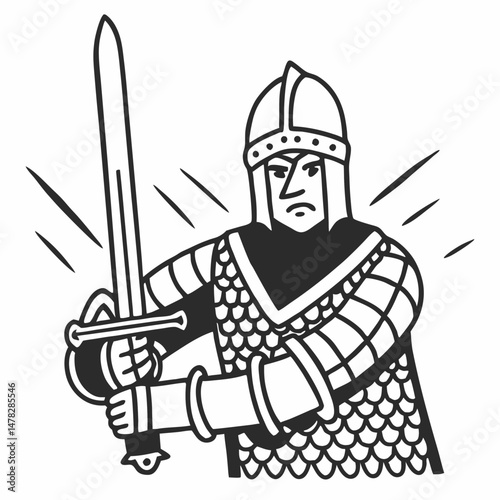 Intricate Line Illustration of a Medieval Knight in Shining Armor Costume, Holding a Sword, Suitable for History Books or Fantasy Game Art.