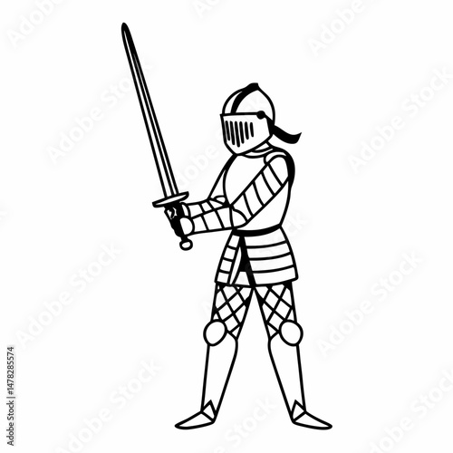 Intricate Line Illustration of a Medieval Knight in Shining Armor Costume, Holding a Sword, Suitable for History Books or Fantasy Game Art.