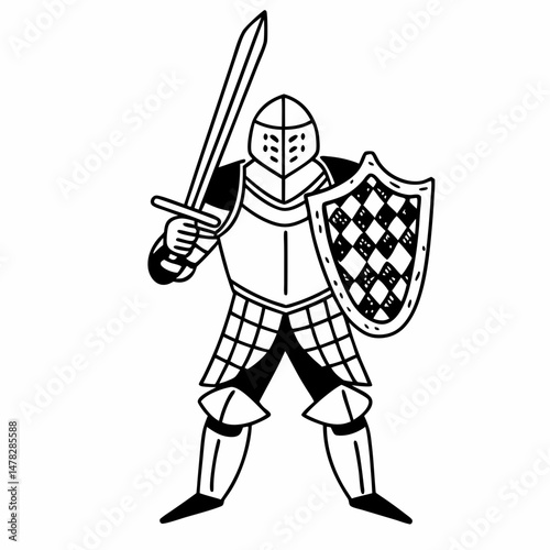 Intricate Line Illustration of a Medieval Knight in Shining Armor Costume, Holding a Sword, Suitable for History Books or Fantasy Game Art.