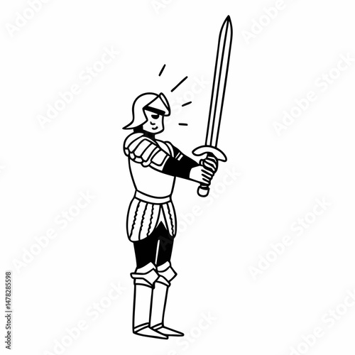 Intricate Line Illustration of a Medieval Knight in Shining Armor Costume, Holding a Sword, Suitable for History Books or Fantasy Game Art.