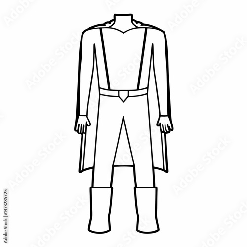 Minimalist Line Art Vector of a Superhero Costume Design, Blank Template for Customization, Ideal for Children's Crafts and DIY Projects.