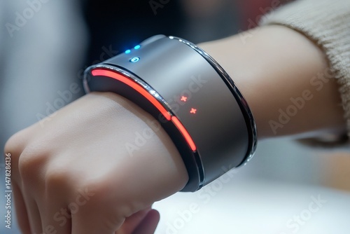 A futuristic wearable technology bracelet with its illuminated display, showcasing the cutting-edge tech trends