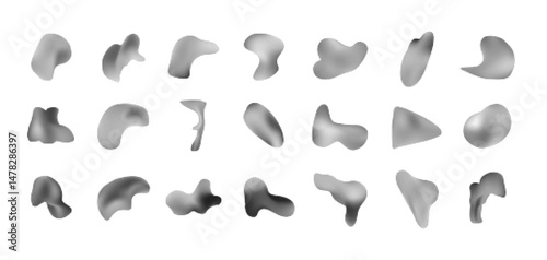 Trendy set of black and white fluid halftone textured gradient organic shapes. Abstract modern liquid dotted half tone stains and freehand blobs for business design, banner, ui app