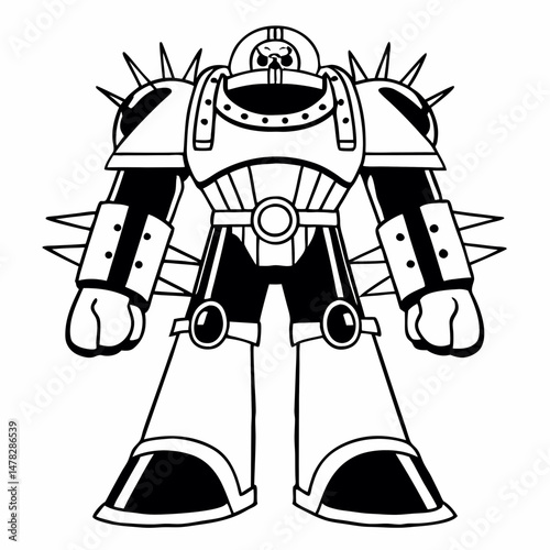 Detailed Line Art of a Futuristic Robot Costume, Sci-Fi Armor, Ready for Battle, Suitable for Game Development or Technology-Themed Illustrations.