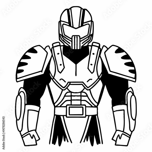 Detailed Line Art of a Futuristic Robot Costume, Sci-Fi Armor, Ready for Battle, Suitable for Game Development or Technology-Themed Illustrations.