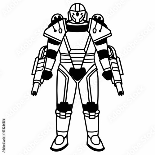 Detailed Line Art of a Futuristic Robot Costume, Sci-Fi Armor, Ready for Battle, Suitable for Game Development or Technology-Themed Illustrations.