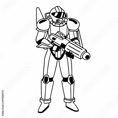 Detailed Line Art of a Futuristic Robot Costume, Sci-Fi Armor, Ready for Battle, Suitable for Game Development or Technology-Themed Illustrations.