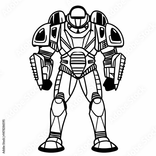 Detailed Line Art of a Futuristic Robot Costume, Sci-Fi Armor, Ready for Battle, Suitable for Game Development or Technology-Themed Illustrations.