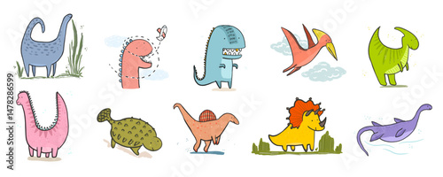 Set of bright hand drawn colorful vector dinosaurs. Childish doodle drawing of dino pterosaur, triceratops, diplodocus, tyrannosaurus for kids pattern design, greeting cards, nursery poster