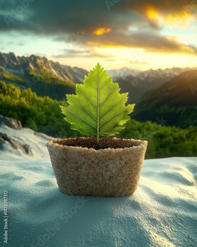 Sprout in a small pot on snow, backdrop of mountains at sunset glow
