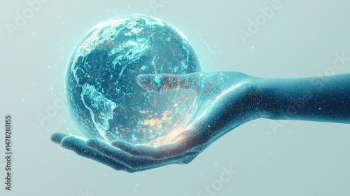 Glowing earth levitating in a holographic hand on a light gradient background