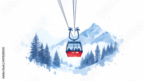 Ski Gondola over Mountain: A detailed illustration showcases a ski gondola gracefully ascending above a breathtaking mountain landscape.