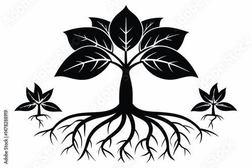 Black Silhouette Tree with Leaves and Roots, Supported by Seedlings Illustration