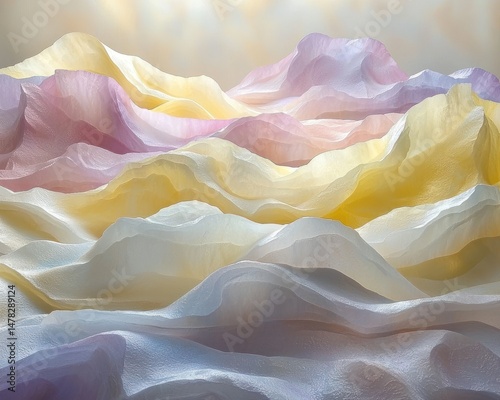 Pastel colored, gently waving forms suggest flowing fabric or serene mountain peaks