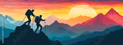Conquering the Summit: Two intrepid hikers, silhouetted against a breathtaking vista of majestic mountains at sunset, symbolize the spirit of adventure, perseverance.