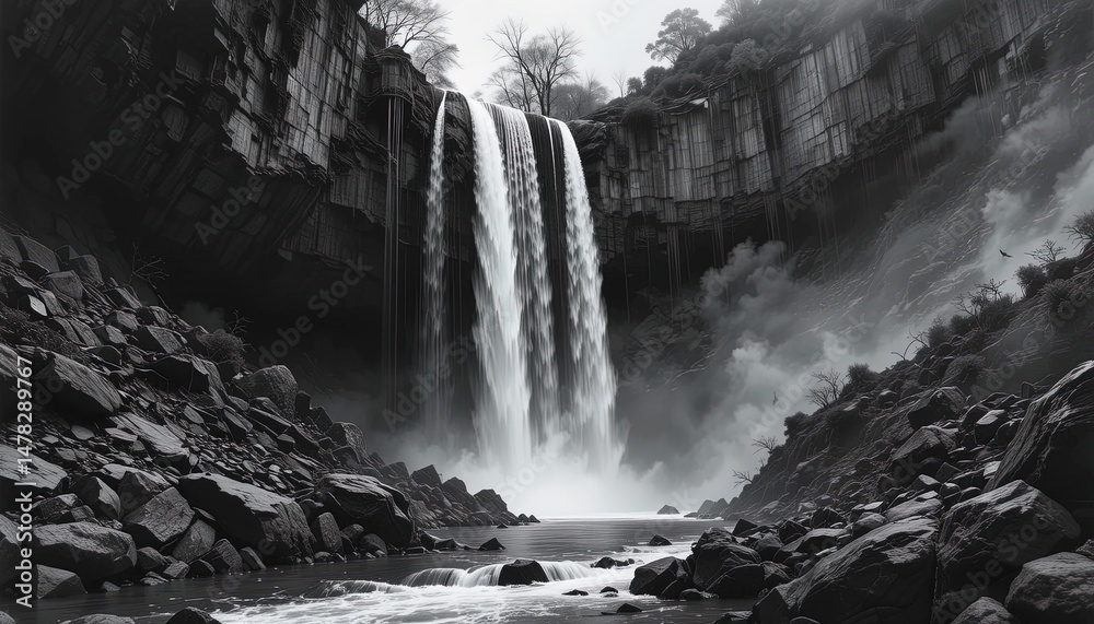 Fototapeta premium Majestic waterfall cascading down rocky canyon walls.