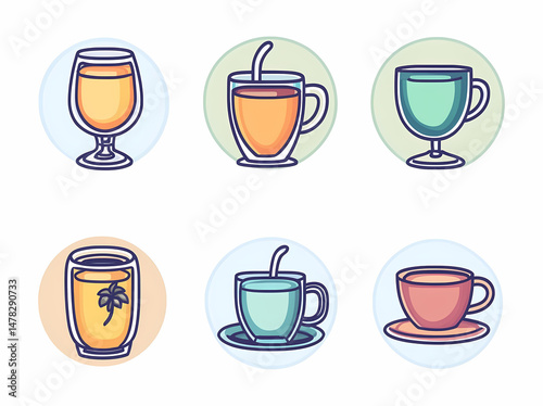 Wallpaper Mural Tea and Coffee Cup Icons: A set of six delightful and diverse tea and coffee cup icons, perfect for adding a touch of warmth and style to your design projects. Torontodigital.ca
