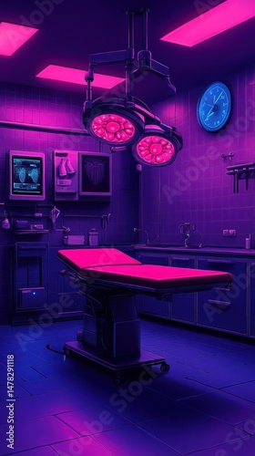 Neon-lit operating room.  Surgical equipment