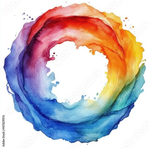 Abstract circular watercolor swirl with vibrant gradient hues transitioning from deep blue and purple to bright red, orange, and yellow, creating a dynamic and fluid motion effect