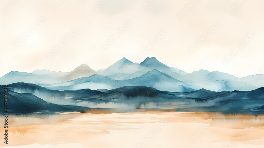 Obraz premium Serene Mountainscape: A tranquil watercolor painting presents a misty mountain range, evoking a sense of calm, with soft hues and a dreamlike quality.