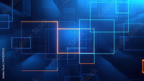 abstract digital background with glowing blue and orange rectangular outlines floating in a dark space featuring depth and light effects