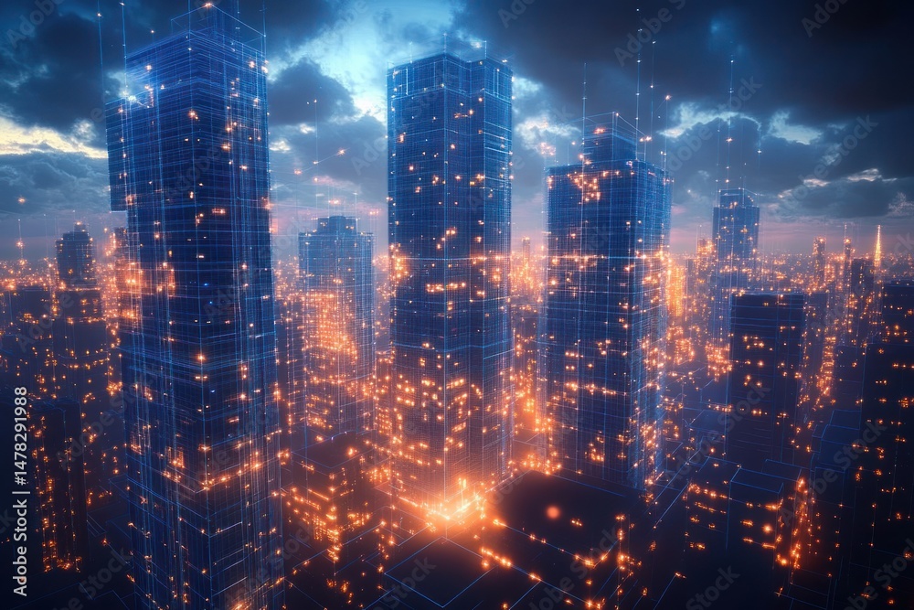 Obraz premium Futuristic cityscape with tall skyscrapers outlined by glowing orange digital lights under a dramatic cloudy evening sky