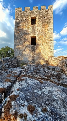 Ancient stone watchtower with battlements standing tall on rocky terrain under a blue sky with scattered clouds during golden hour
