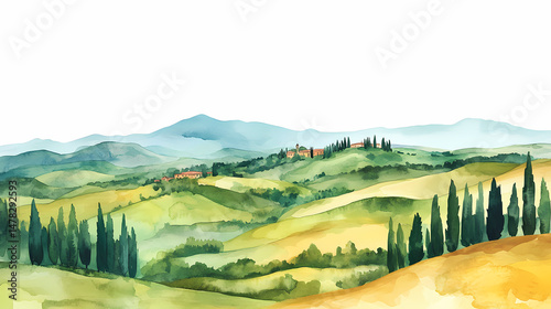 Tranquil Tuscany: Panoramic watercolor landscape of rolling hills, vibrant green fields, cypress trees, and a distant village, evoking the serene beauty of the Tuscan countryside.