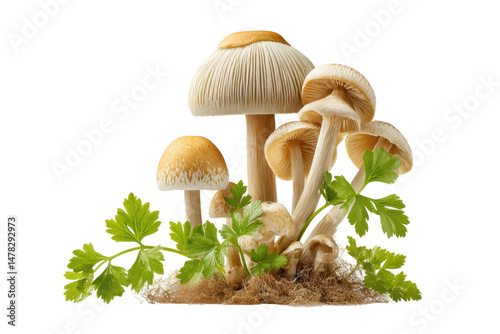 PNG Cluster of wild mushrooms with green leaves isolated on white background