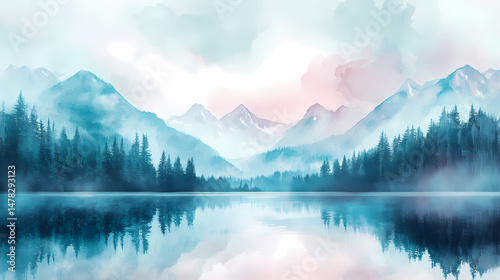 Serene Mountainscape Reflection: A breathtaking mountain range, shrouded in delicate mist, is reflected flawlessly in the calm waters of a pristine lake, creating a scene of tranquil beauty.