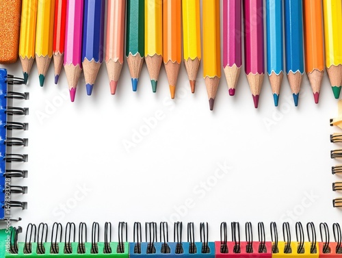 Colorful pencils and notebooks frame a blank white surface