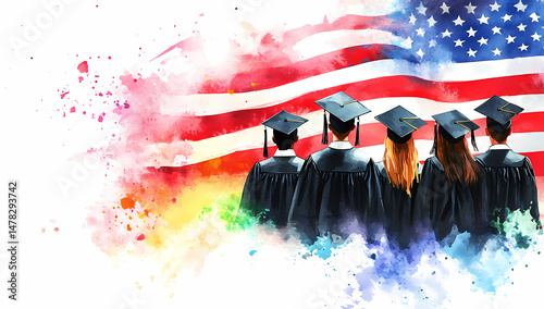 Wallpaper Mural American Graduation: A vibrant watercolor painting of graduating students in caps and gowns stand before a waving American flag, symbolizing achievement and patriotism. Torontodigital.ca