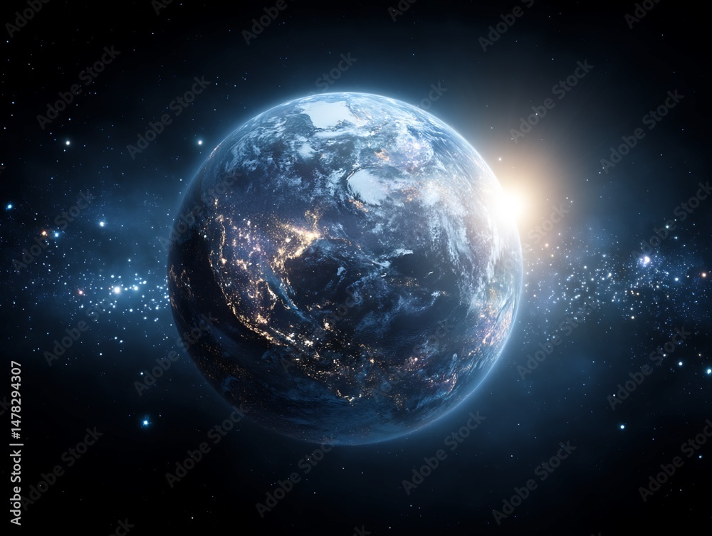 Naklejka premium Earth at Night from Space with Sunlight and Galaxy